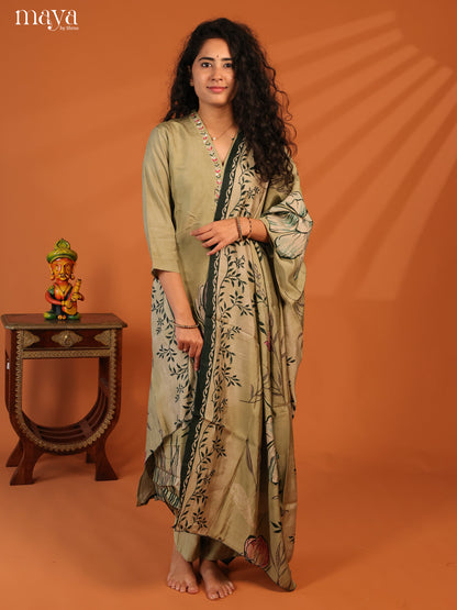 Green Rayon 3Pc Salwar Suit with Floral Print - Top, Bottom & Dupatta - Shop on Shrus.com