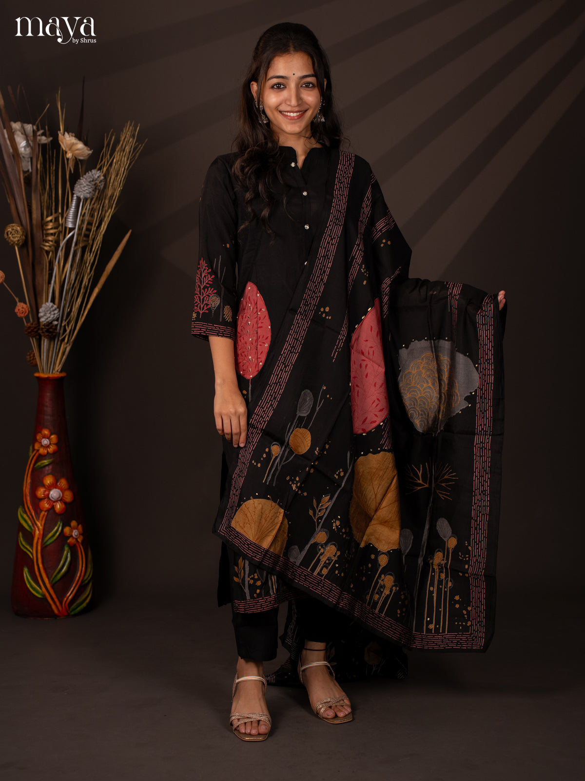 Black Rayon 3Pc Salwar Suit with Floral Print - Top, Bottom & Dupatta - Shop on Shrus.com