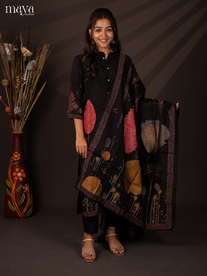Black Rayon 3Pc Salwar Suit with Floral Print - Top, Bottom & Dupatta - Shop on Shrus.com