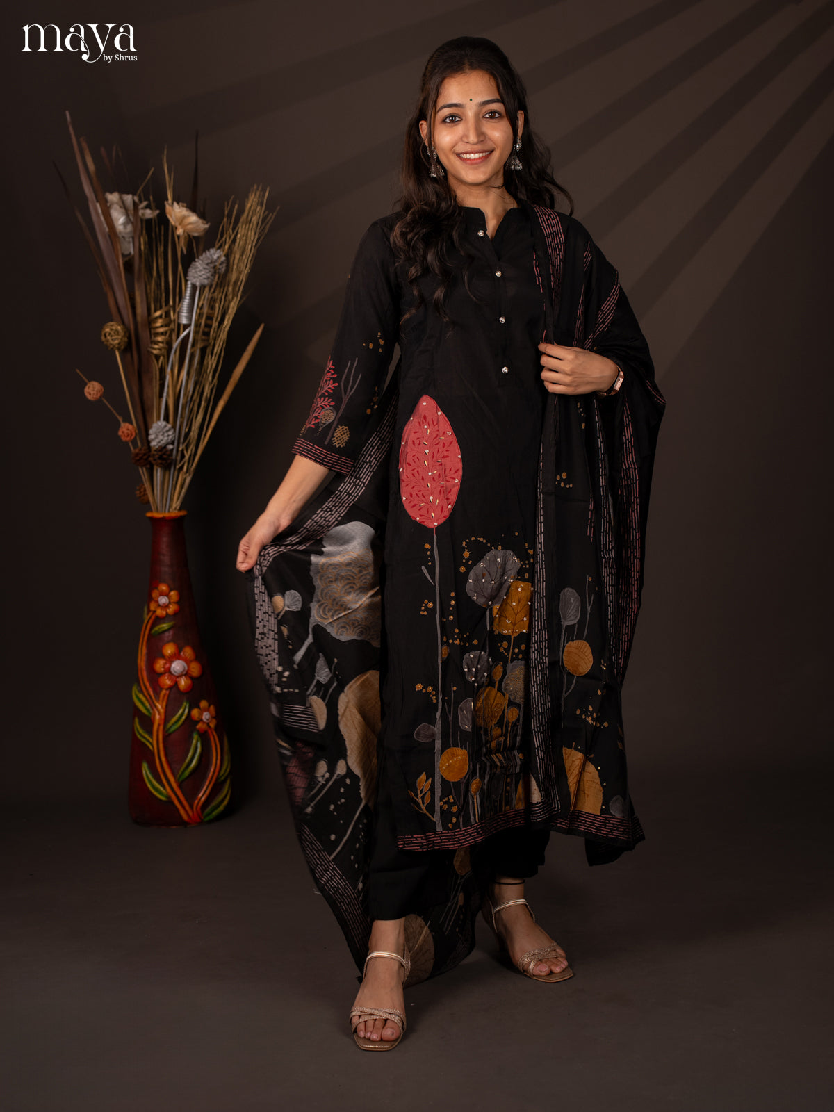 Black Rayon 3Pc Salwar Suit with Floral Print - Top, Bottom & Dupatta - Shop on Shrus.com