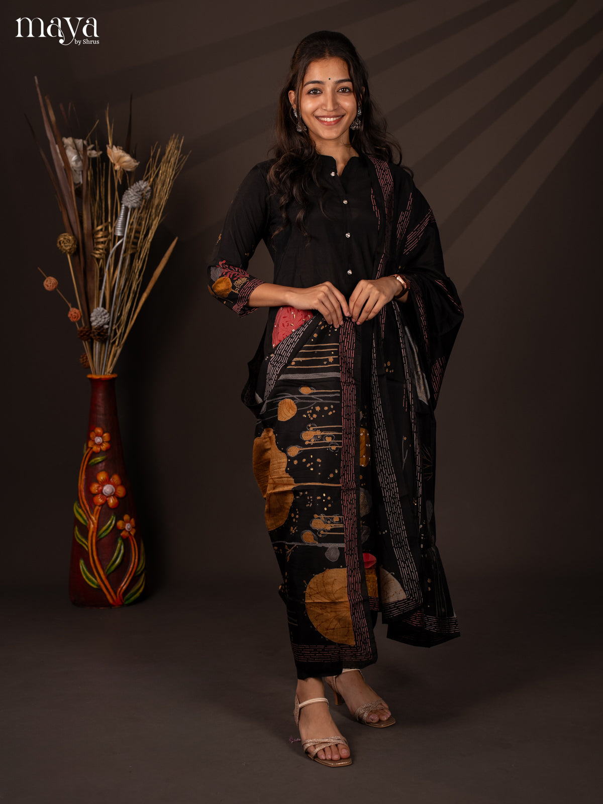 Black Rayon 3Pc Salwar Suit with Floral Print - Top, Bottom & Dupatta - Shop on Shrus.com