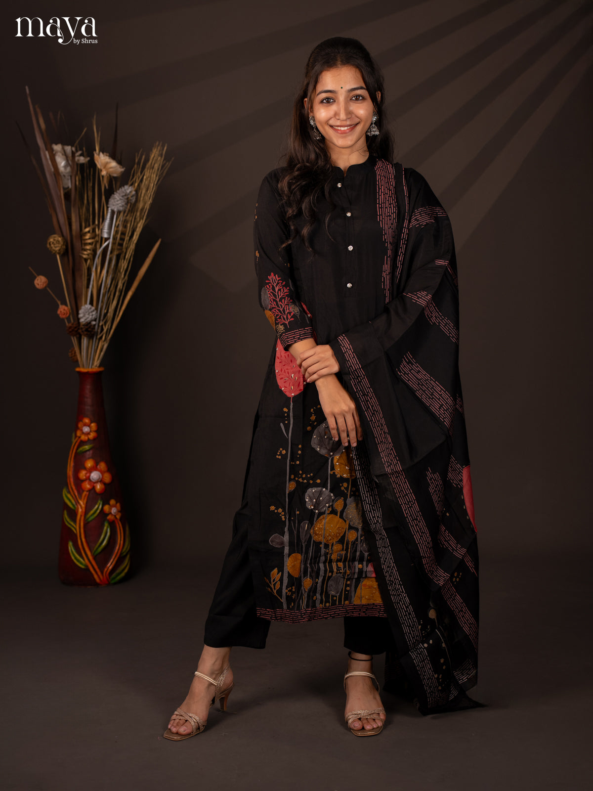 Black Rayon 3Pc Salwar Suit with Floral Print - Top, Bottom & Dupatta - Shop on Shrus.com