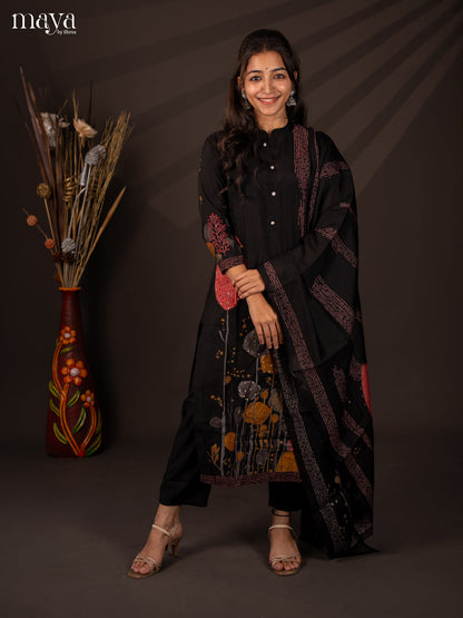 Black Rayon 3Pc Salwar Suit with Floral Print - Top, Bottom & Dupatta - Shop on Shrus.com