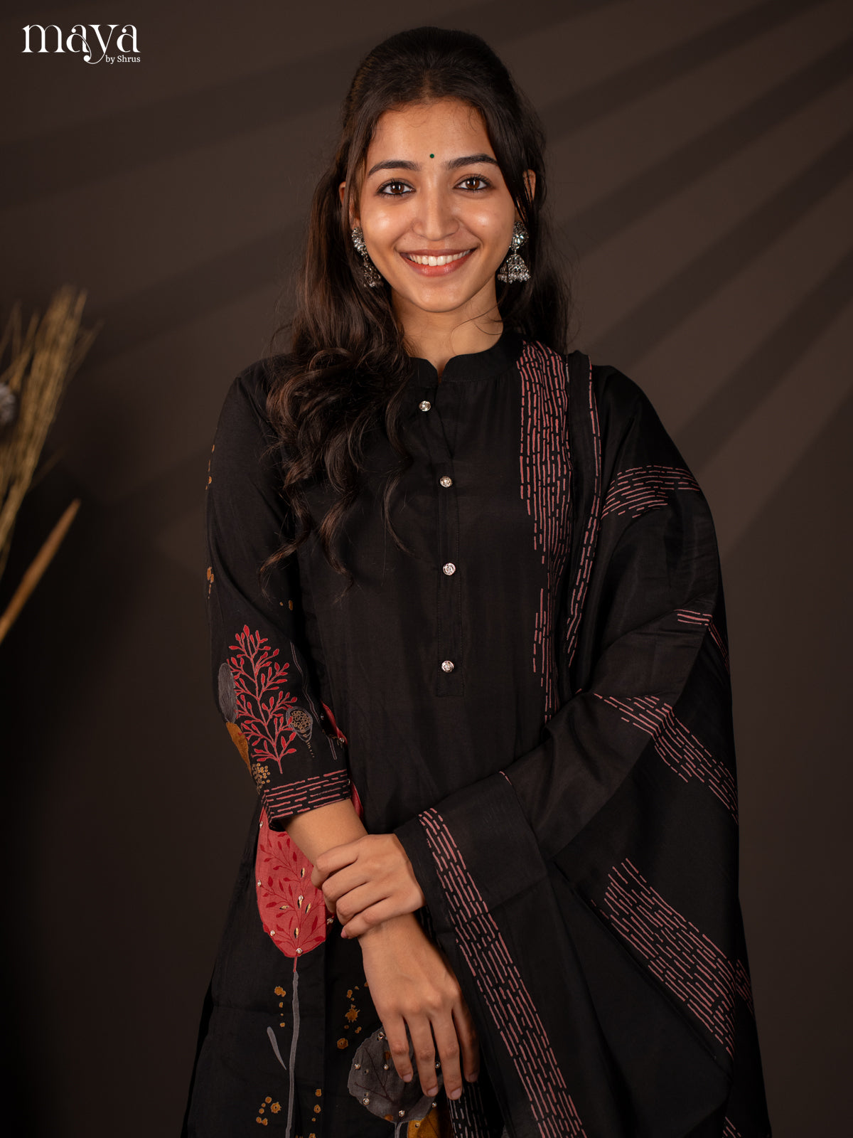 Black Rayon 3Pc Salwar Suit with Floral Print - Top, Bottom & Dupatta - Shop on Shrus.com