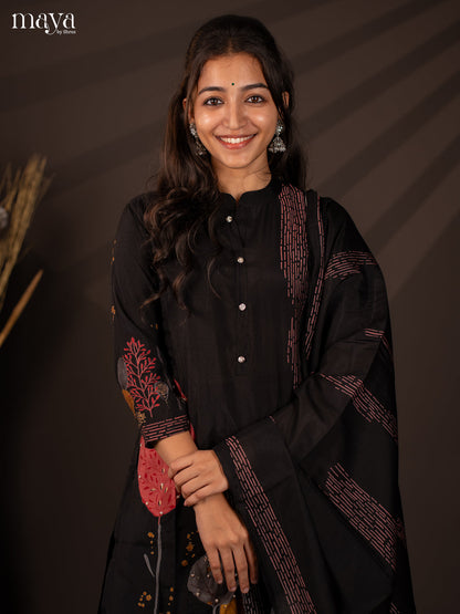Black Rayon 3Pc Salwar Suit with Floral Print - Top, Bottom & Dupatta - Shop on Shrus.com