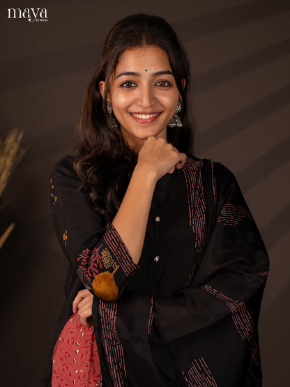 Black Rayon 3Pc Salwar Suit with Floral Print - Top, Bottom & Dupatta - Shop on Shrus.com