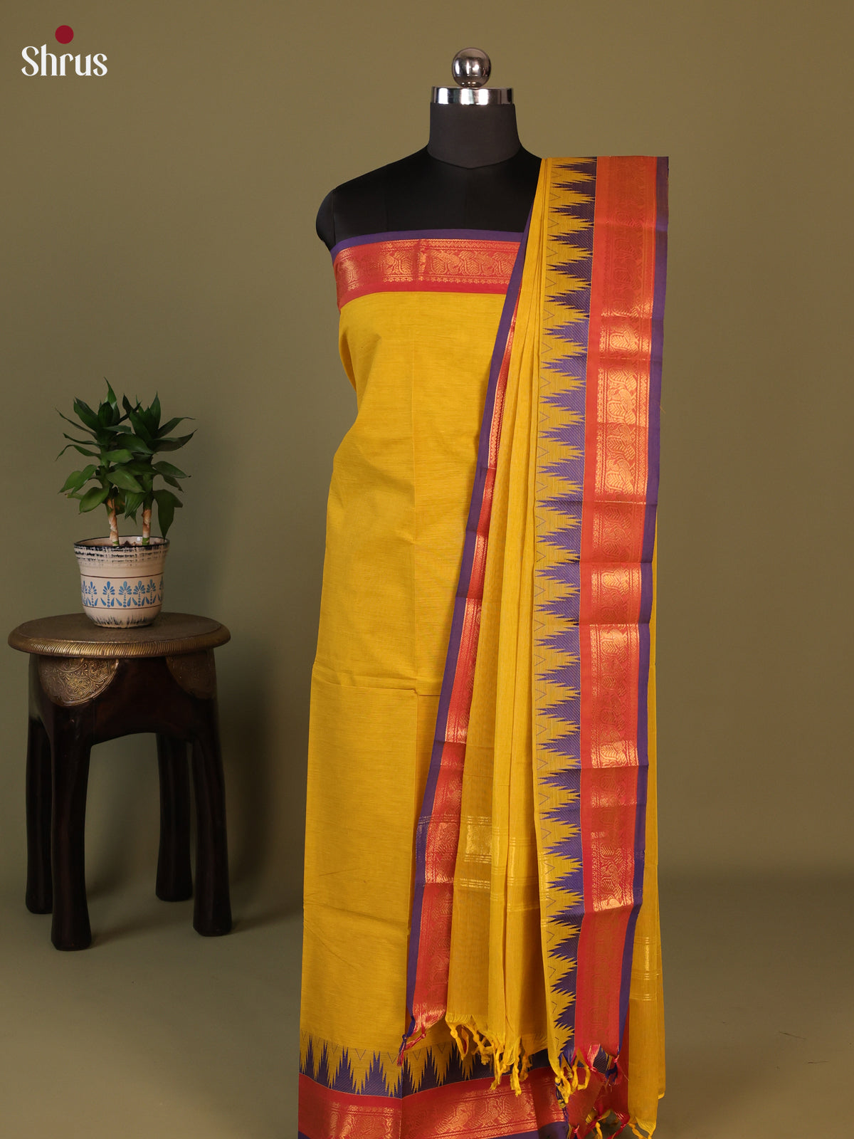 Mustard with Brown Chettinad Cotton Unstitched Top & Dupatta - MCL25006 - Shop on Shrus.com