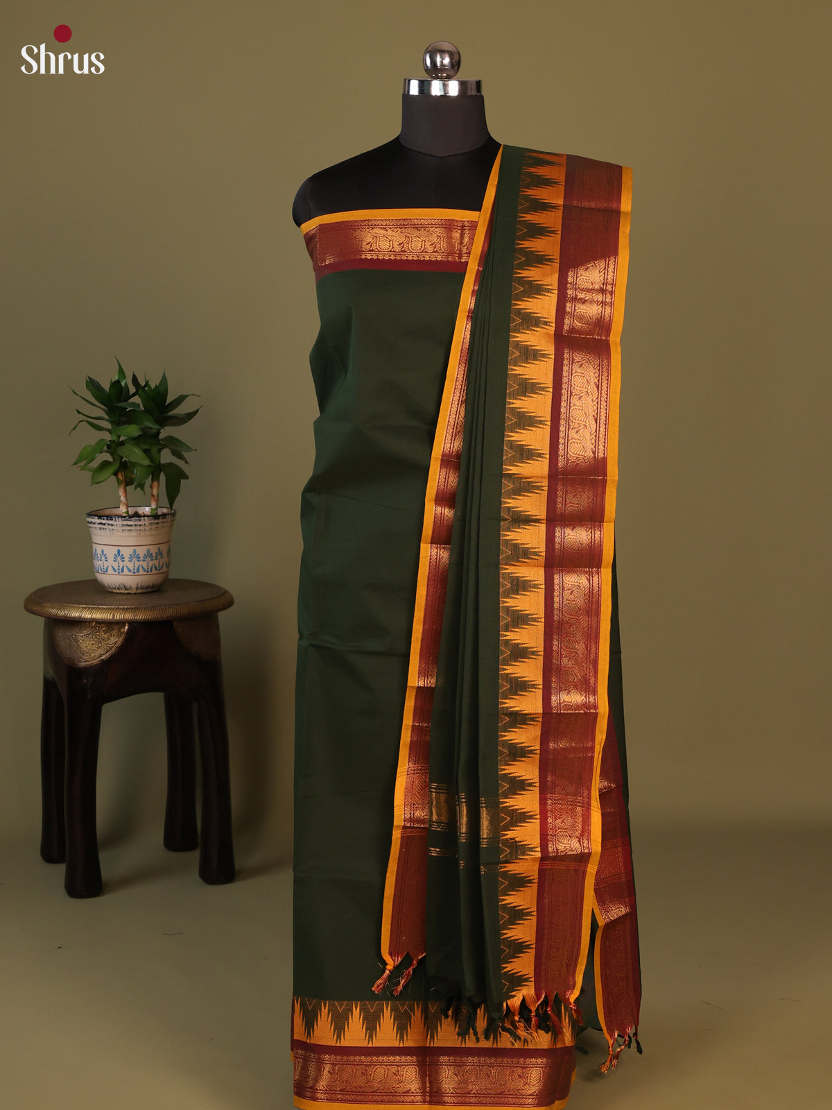 Green with Mustard Chettinad Cotton Unstitched Suit Set - Shop on Shrus.com