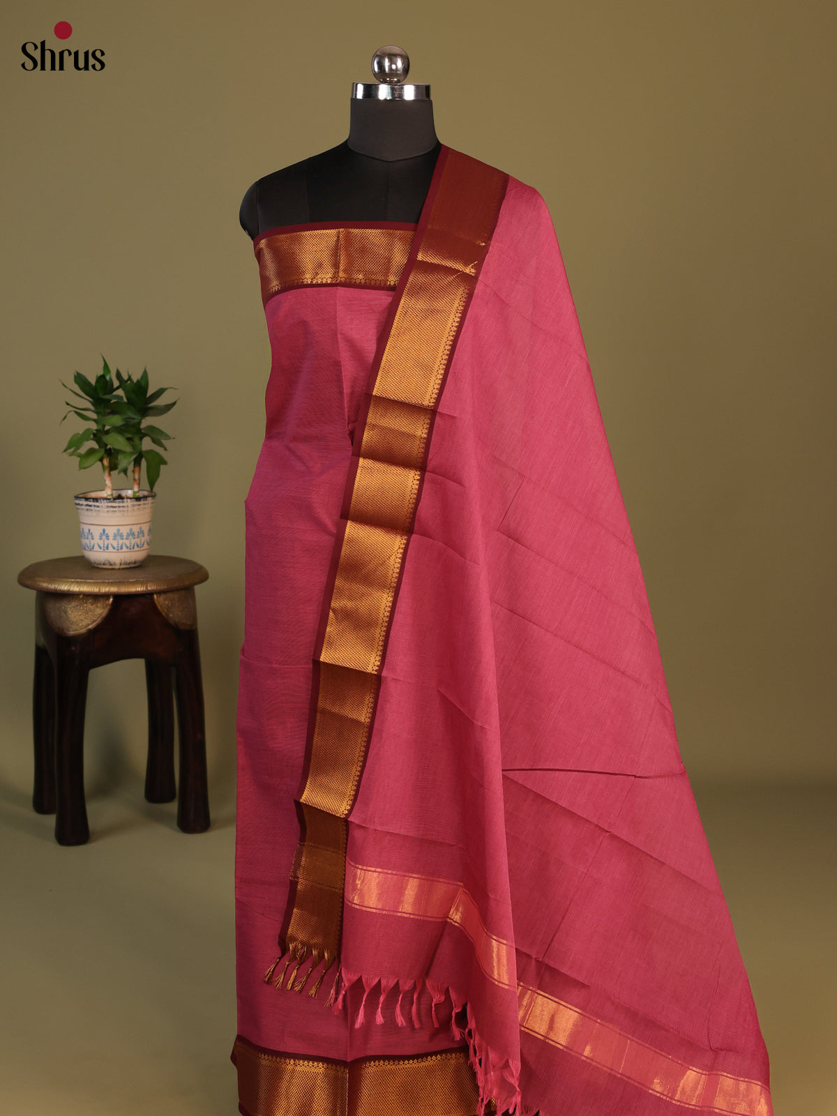 Pink & Maroon Chettinad Cotton Unstitched Top & Dupatta - MCL25008 - Shop on Shrus.com