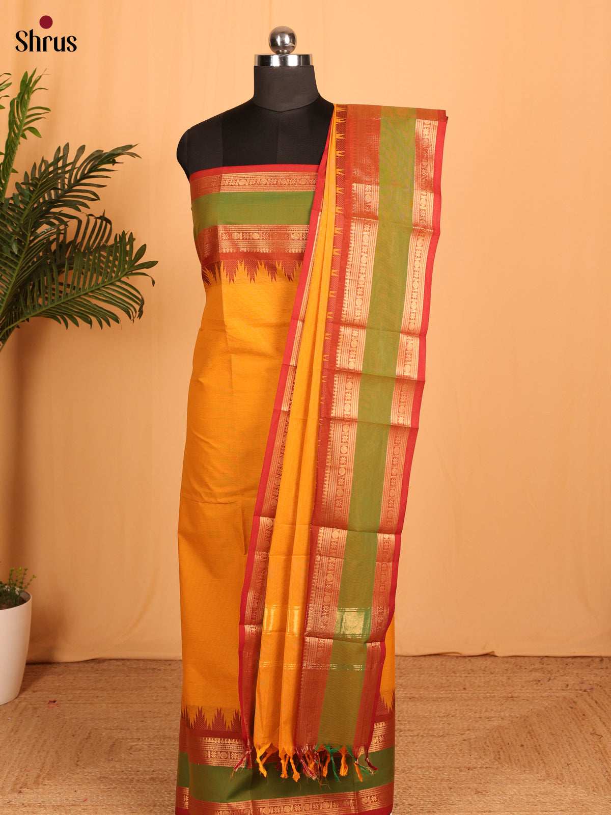 Yellow With Red Chettinad Cotton Unstitched Top & Dupatta - MCL25010 - Shop on Shrus.com