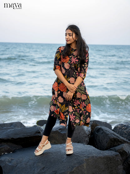 Black Floral Printed Rayon Kurti - Shop on Shrus.com