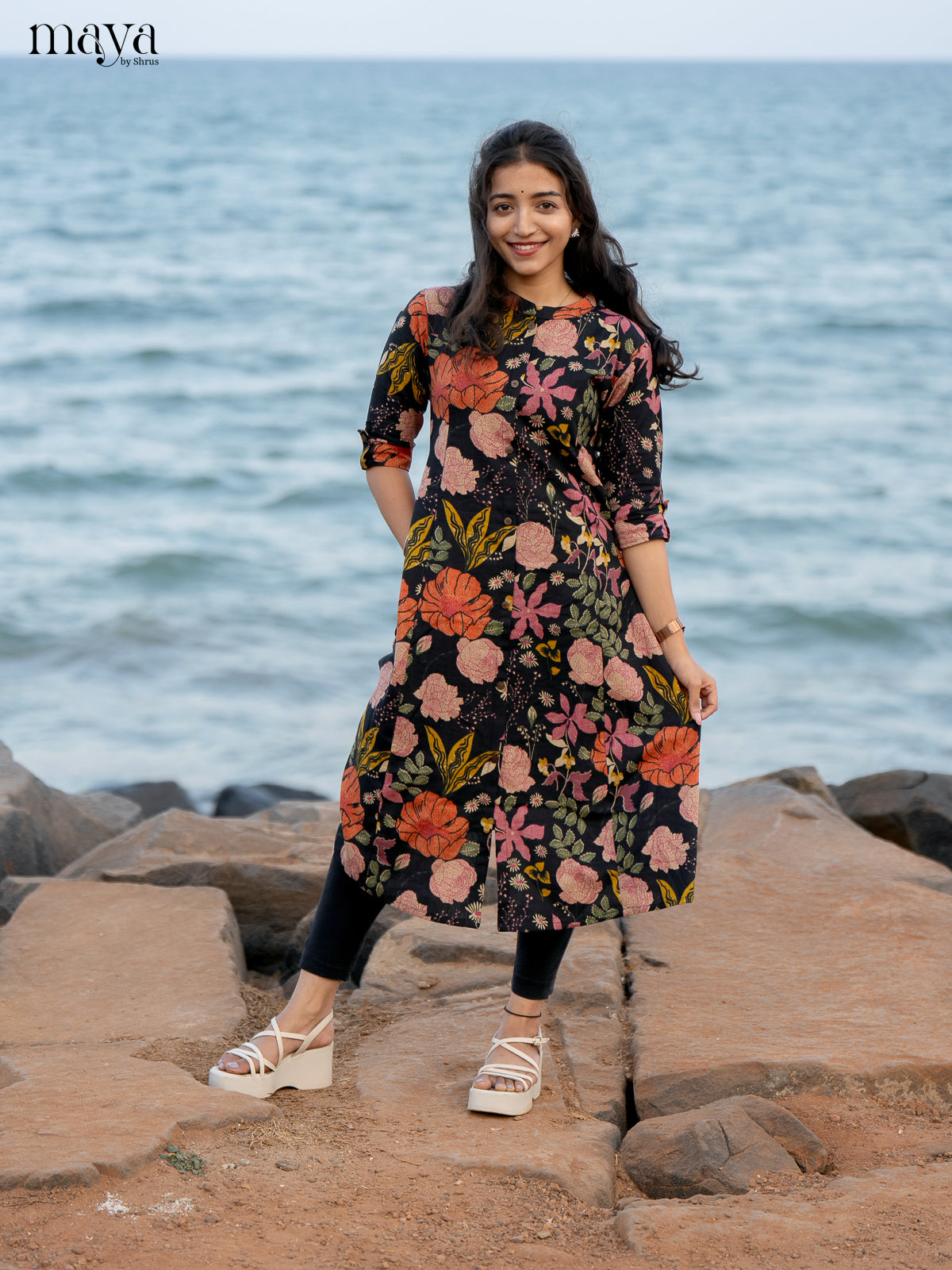 Black Floral Printed Rayon Kurti - Shop on Shrus.com