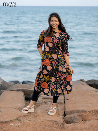 Black Floral Printed Rayon Kurti - Shop on Shrus.com