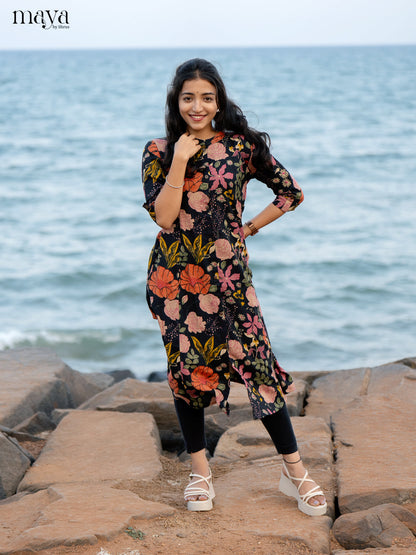 Black Floral Printed Rayon Kurti - Shop on Shrus.com