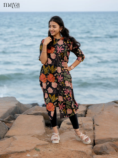 Black Floral Printed Rayon Kurti - Shop on Shrus.com