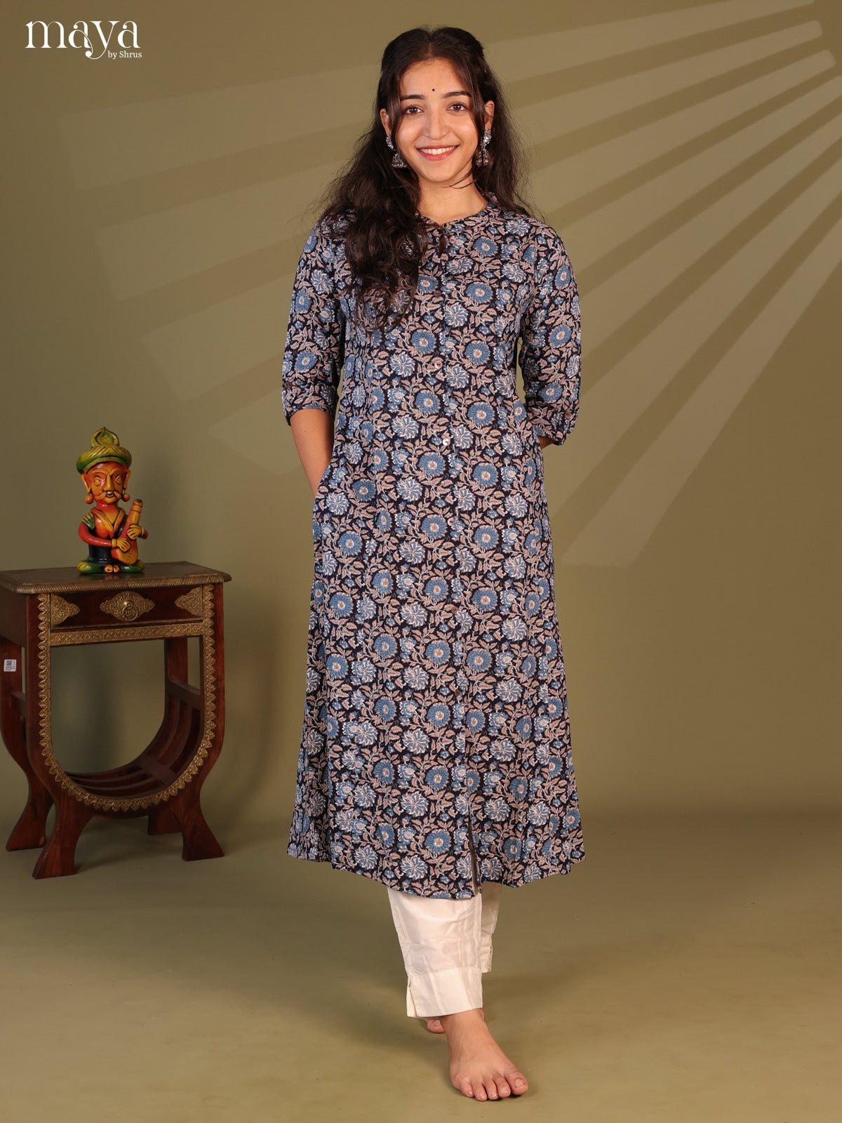 Blue Floral Printed Rayon Kurti - Shop on Shrus.com