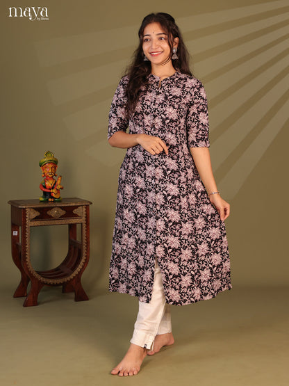 Black Floral Printed Rayon Kurti - Shop on Shrus.com