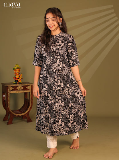 Black Floral Printed Rayon Kurti - Shop on Shrus.com