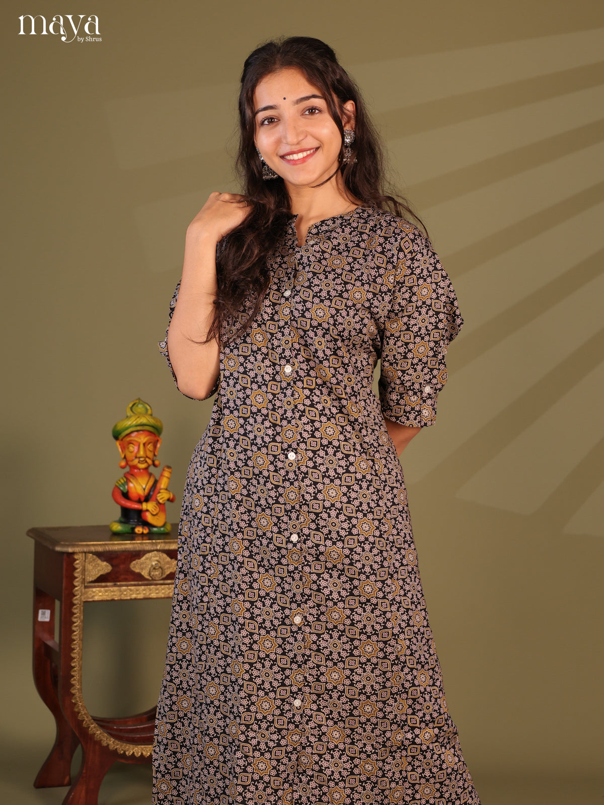 Black Ajrakh Printed Rayon Kurti - Shop on Shrus.com