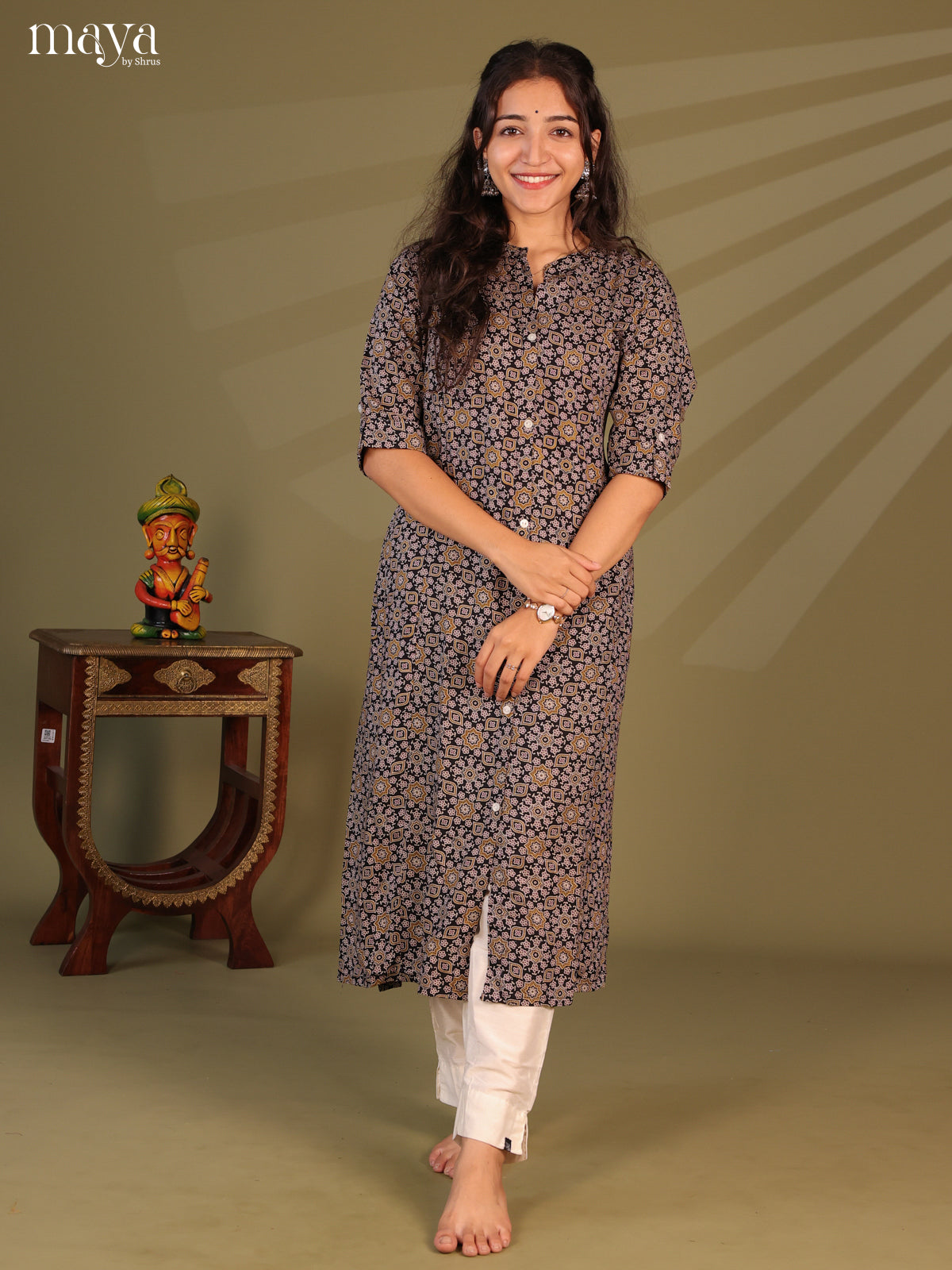 Black Ajrakh Printed Rayon Kurti - Shop on Shrus.com
