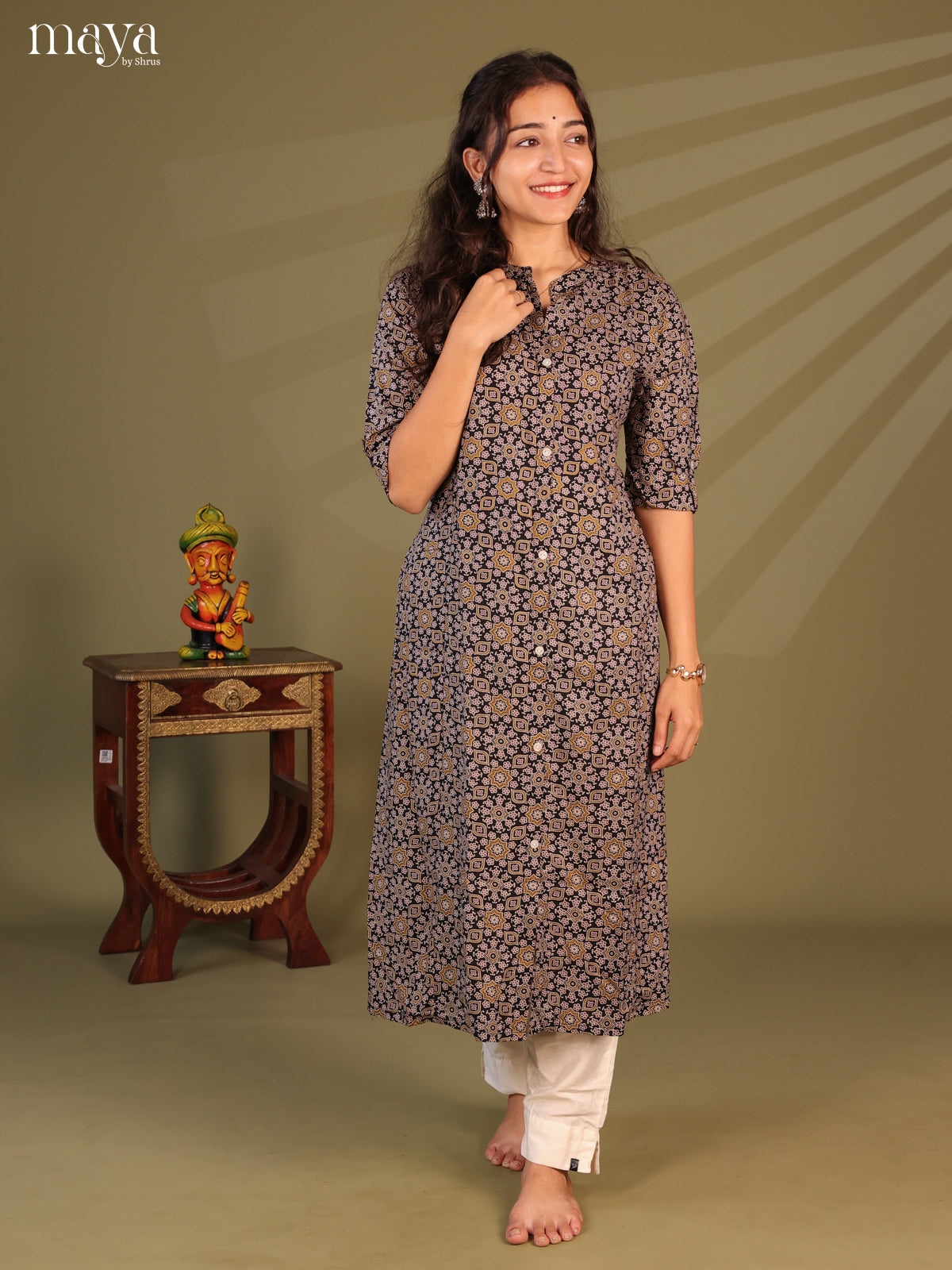 Black Ajrakh Printed Rayon Kurti - Shop on Shrus.com