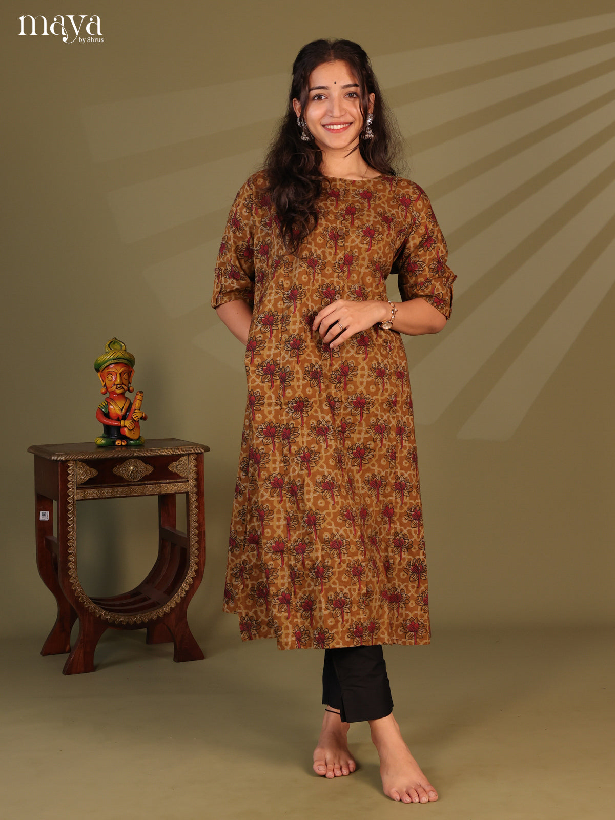 Mustard Ajrakh Printed Cotton Kurti - Shop on Shrus.com