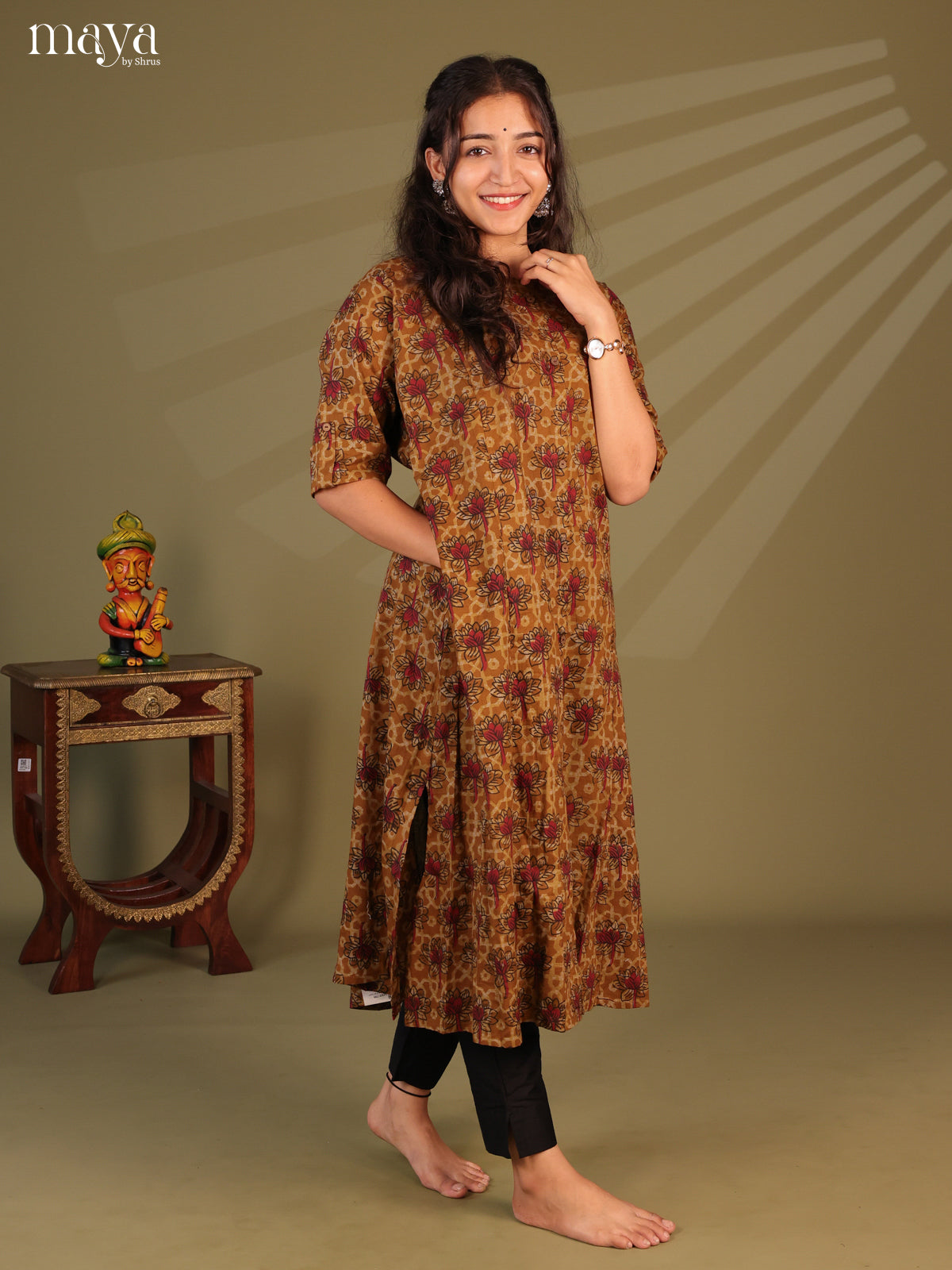 Mustard Ajrakh Printed Cotton Kurti - Shop on Shrus.com