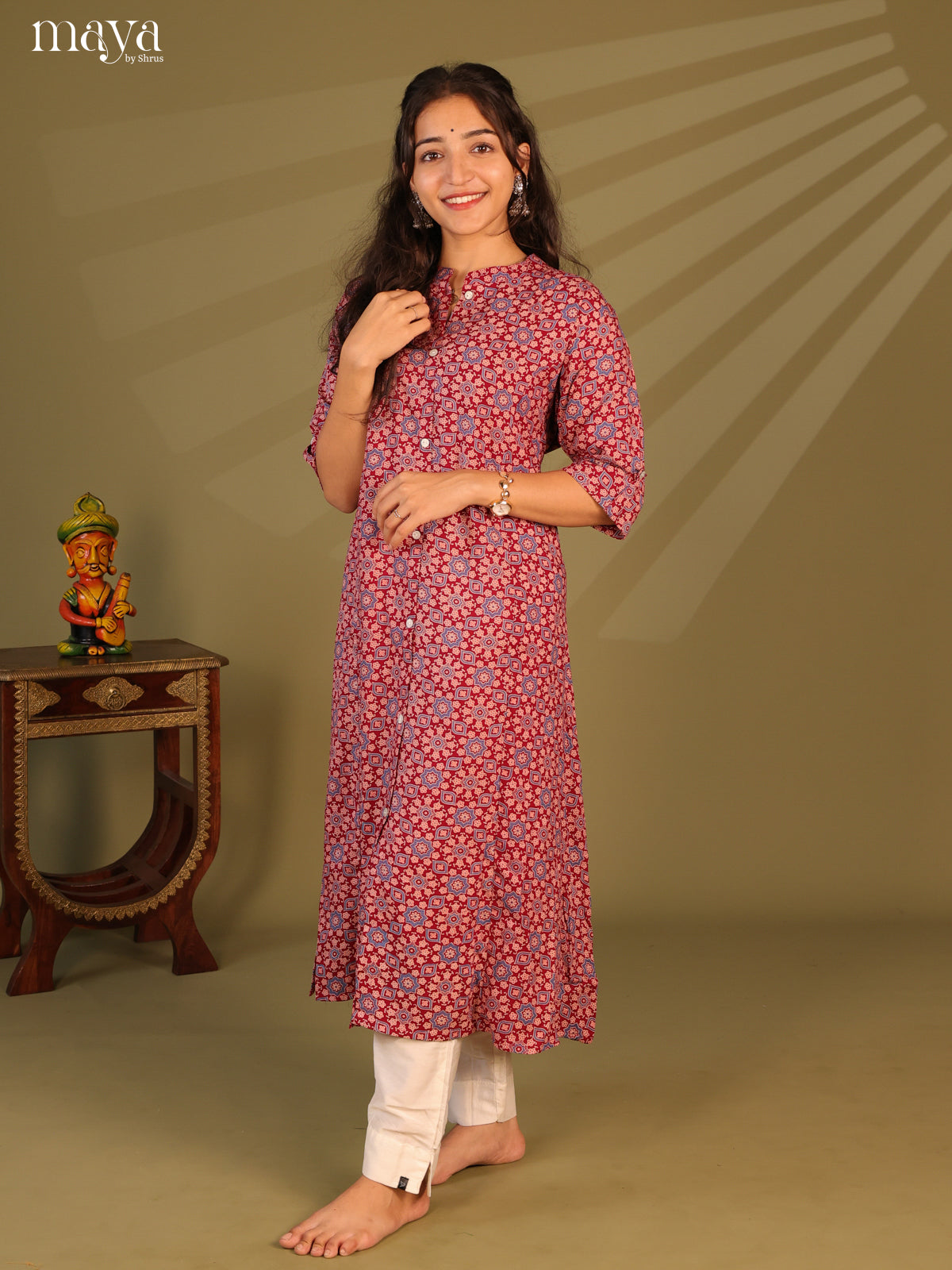 Red Ajrakh Printed Rayon Kurti - Shop on Shrus.com