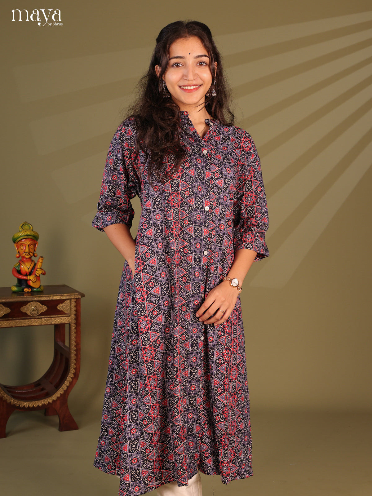 Grey Ajrakh Printed Rayon Kurti - Shop on Shrus.com
