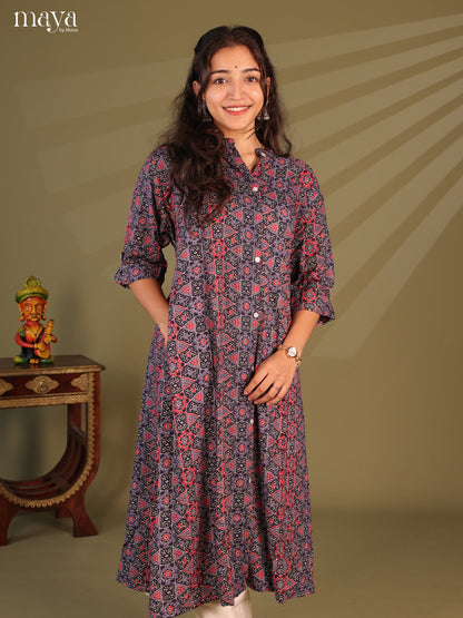 Grey Ajrakh Printed Rayon Kurti - Shop on Shrus.com