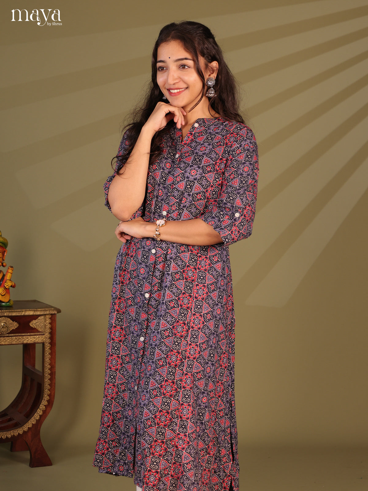 Grey Ajrakh Printed Rayon Kurti - Shop on Shrus.com
