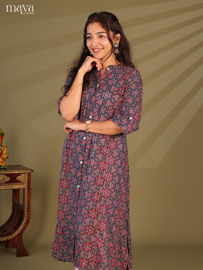 Grey Ajrakh Printed Rayon Kurti - Shop on Shrus.com