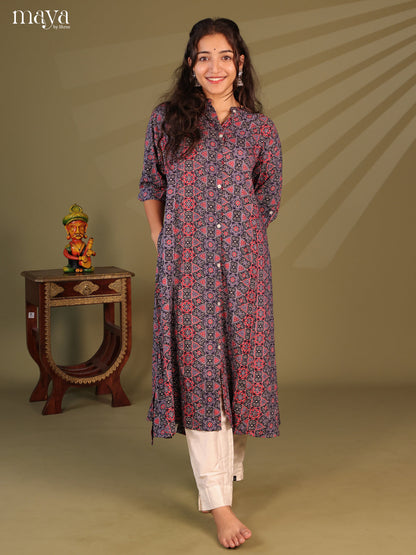 Grey Ajrakh Printed Rayon Kurti - Shop on Shrus.com