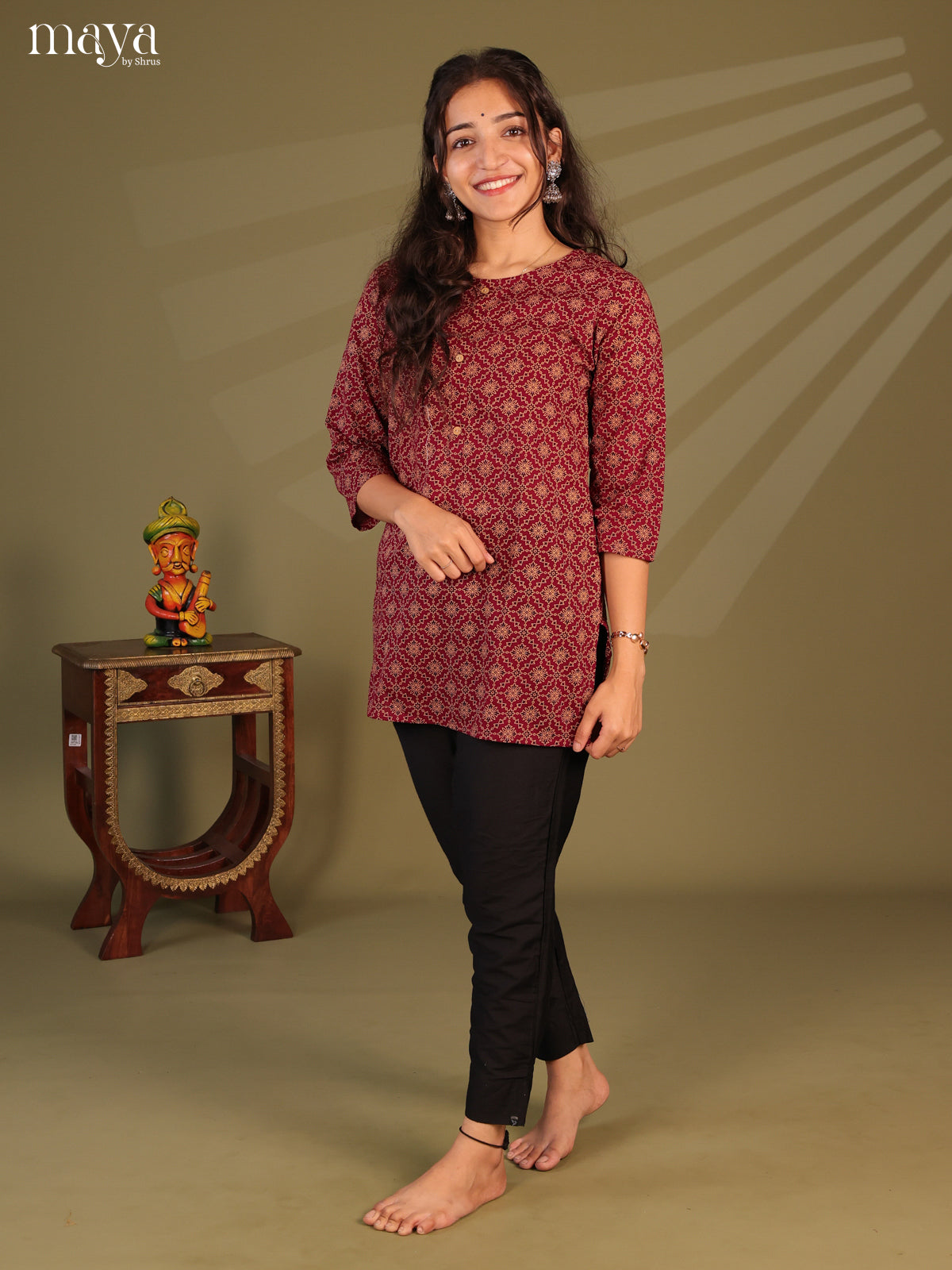 Floral Printed Maroon Cotton Short Kurti - Shop on Shrus.com