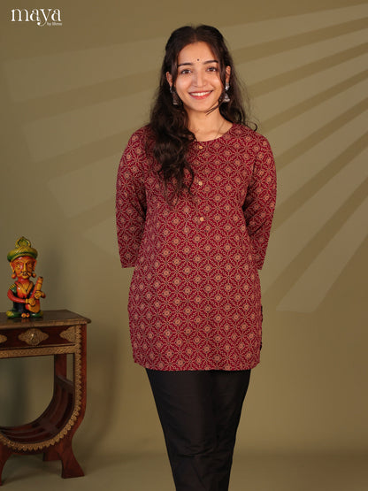 Floral Printed Maroon Cotton Short Kurti - Shop on Shrus.com