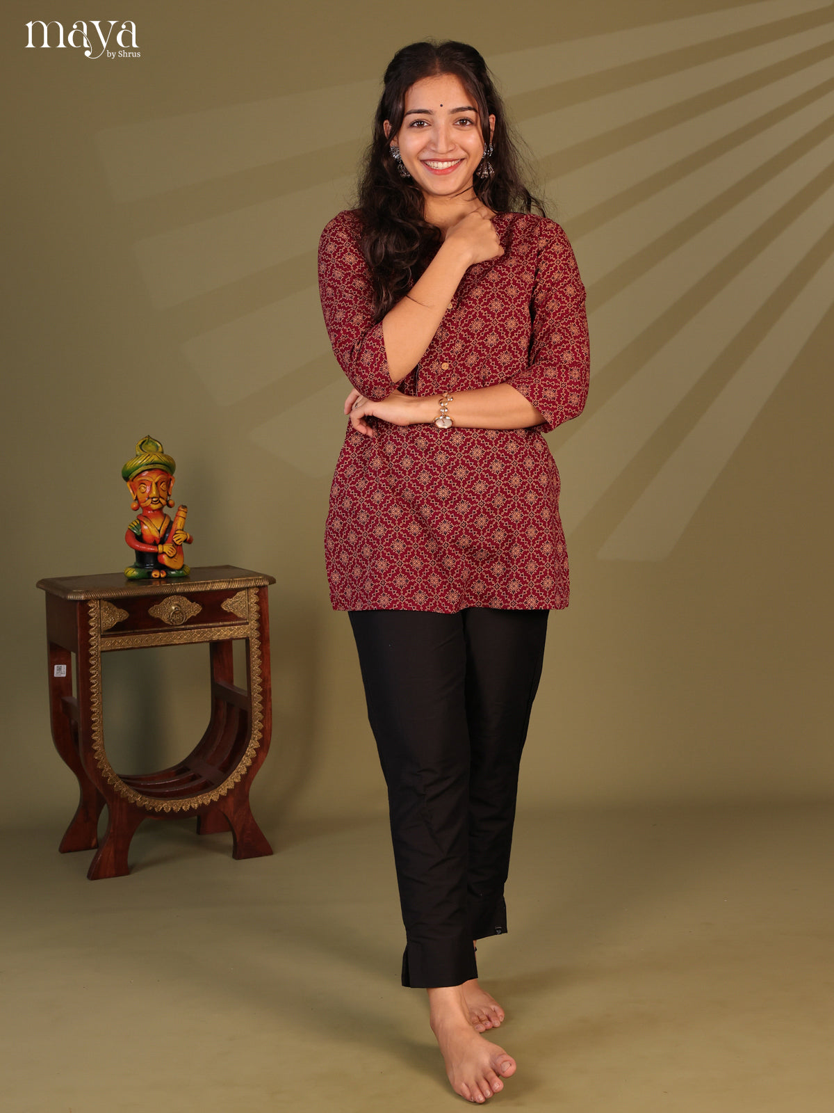 Floral Printed Maroon Cotton Short Kurti - Shop on Shrus.com