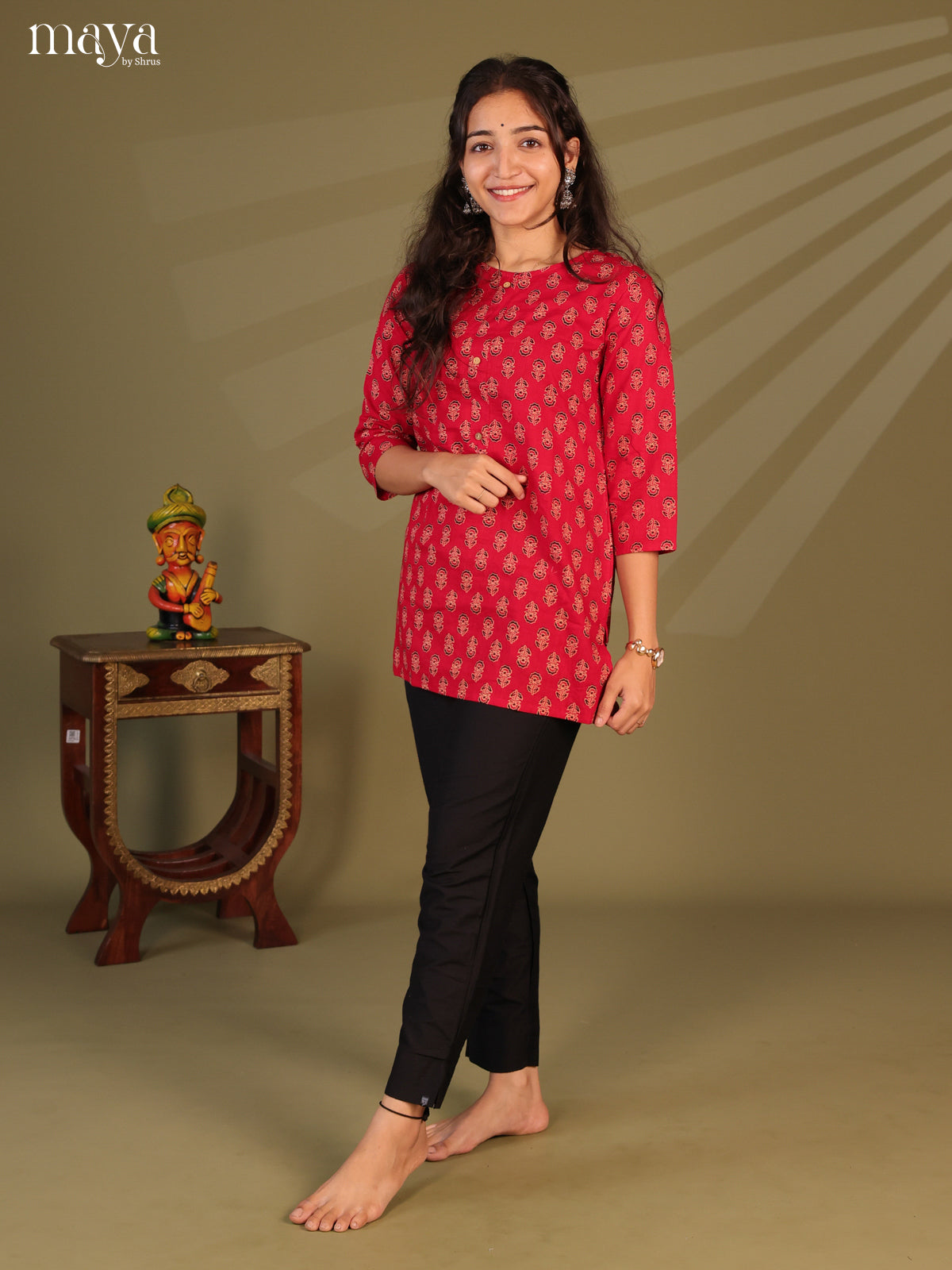 Floral Printed Red Cotton Short Kurti - Shop on Shrus.com