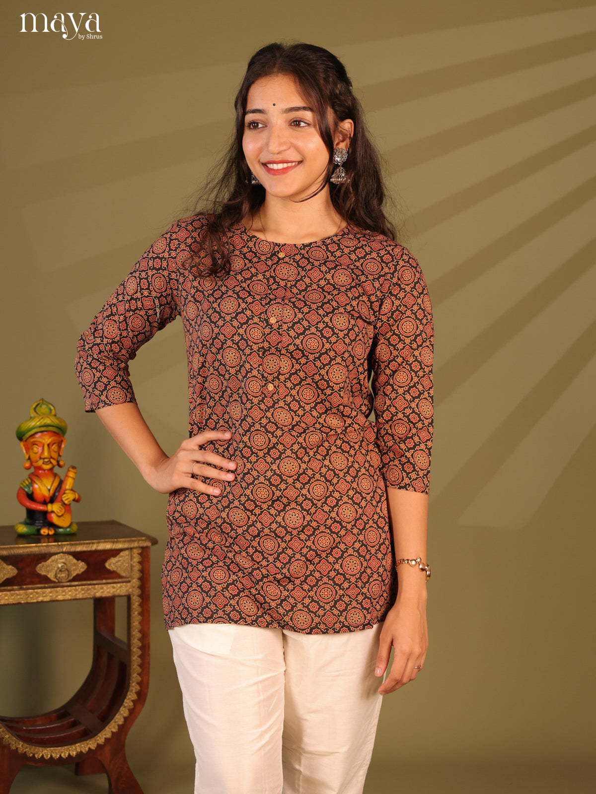 Floral Printed Black Cotton Short Kurti - Shop on Shrus.com
