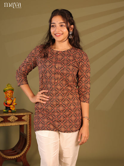 Floral Printed Black Cotton Short Kurti - Shop on Shrus.com