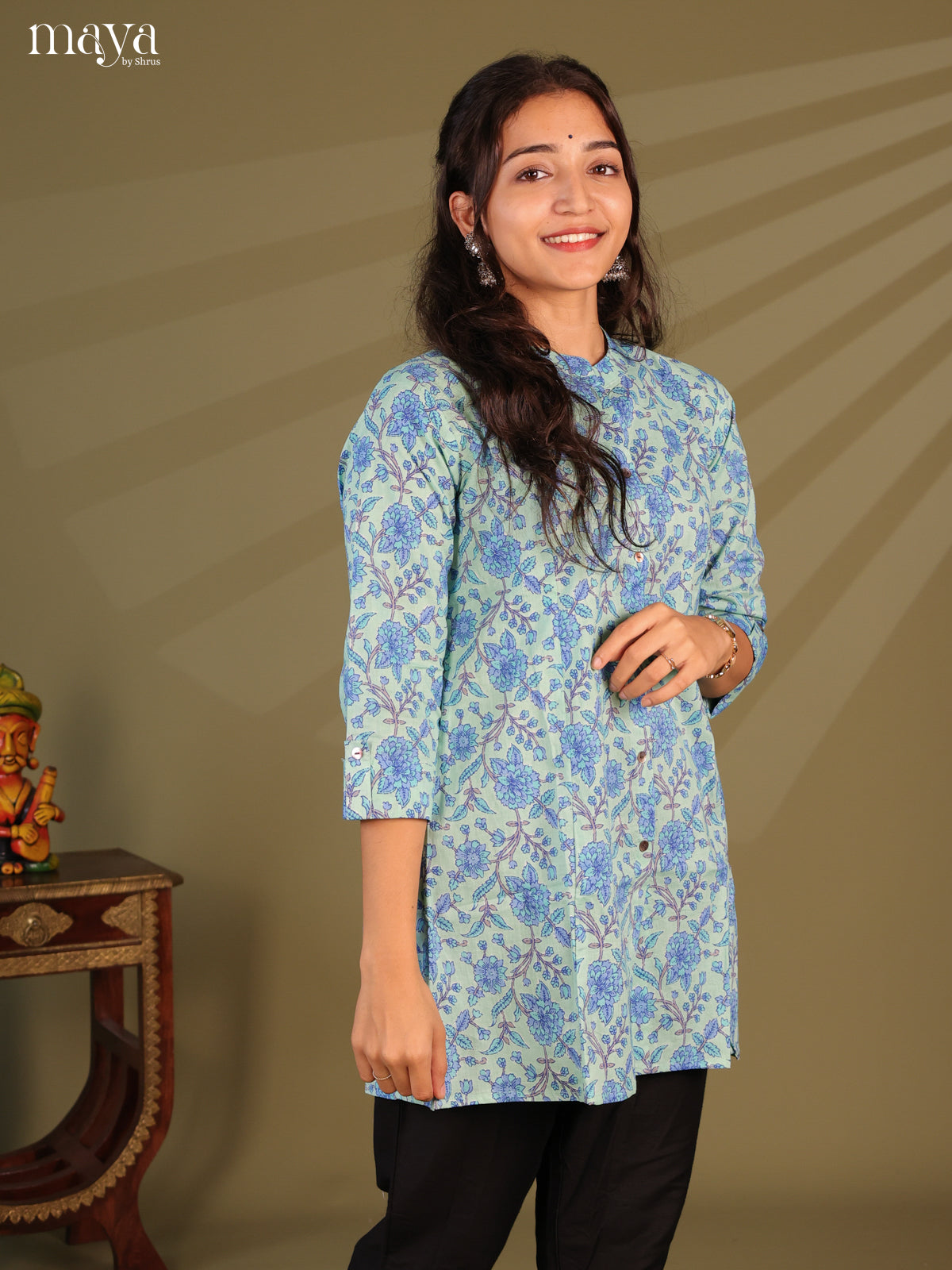 Floral Printed Blue Cotton Short Kurti - Shop on Shrus.com