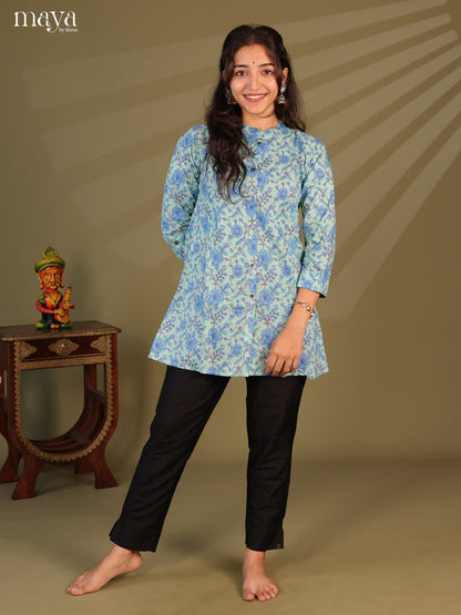 Floral Printed Blue Cotton Short Kurti - Shop on Shrus.com