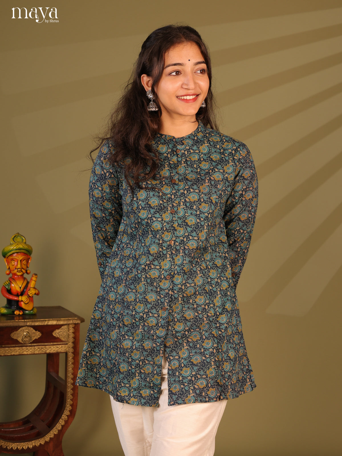 Floral Printed Blue Cotton Short Kurti - Shop on Shrus.com