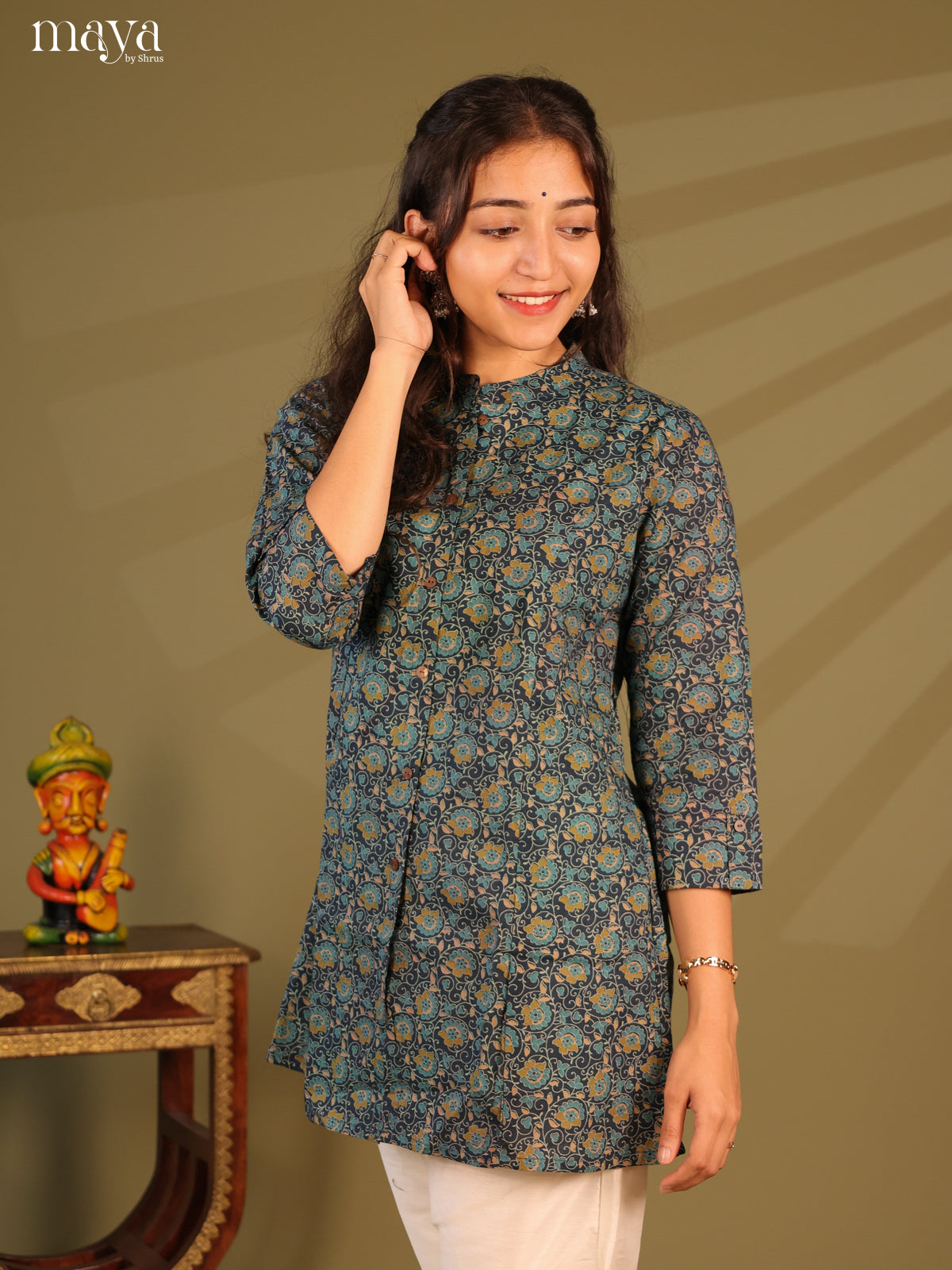 Floral Printed Blue Cotton Short Kurti - Shop on Shrus.com