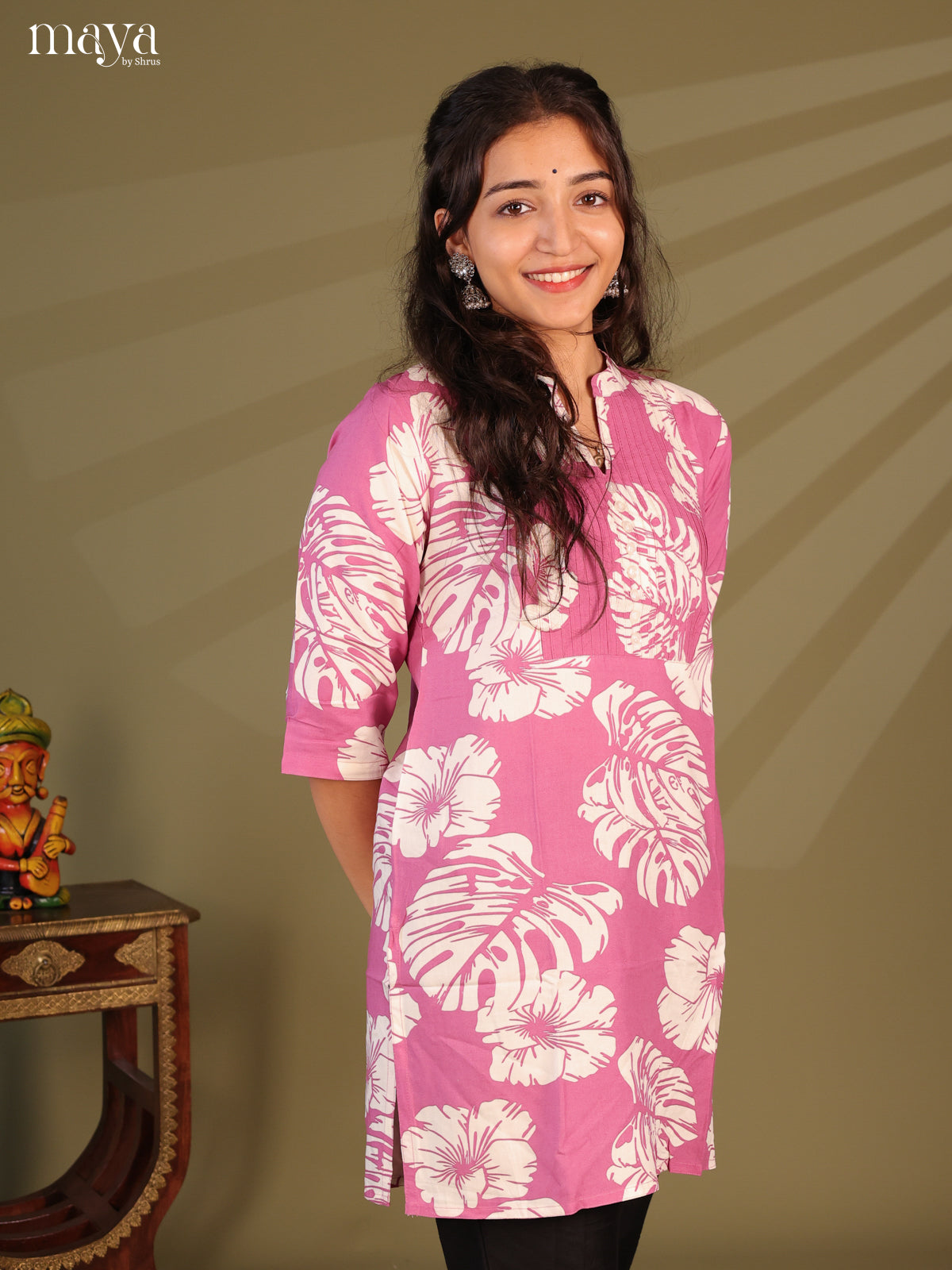 Floral Printed Pink Rayon Short Kurti - Shop on Shrus.com