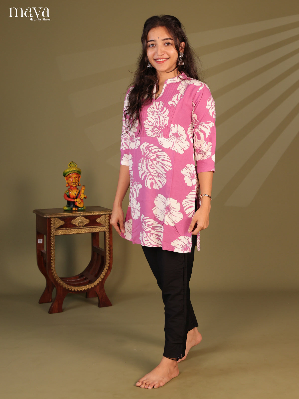 Floral Printed Pink Rayon Short Kurti - Shop on Shrus.com