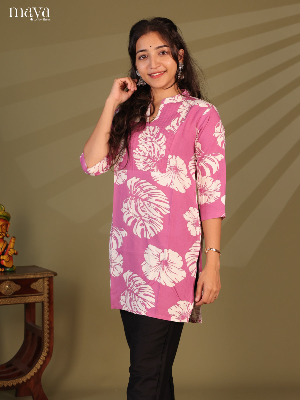 Floral Printed Pink Rayon Short Kurti - Shop on Shrus.com