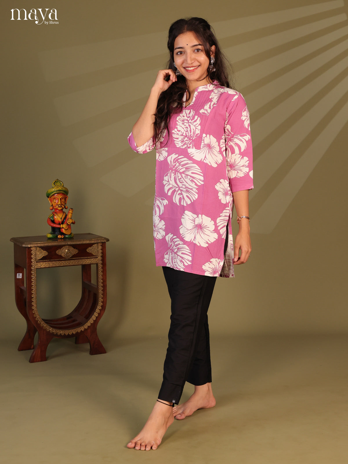 Floral Printed Pink Rayon Short Kurti - Shop on Shrus.com
