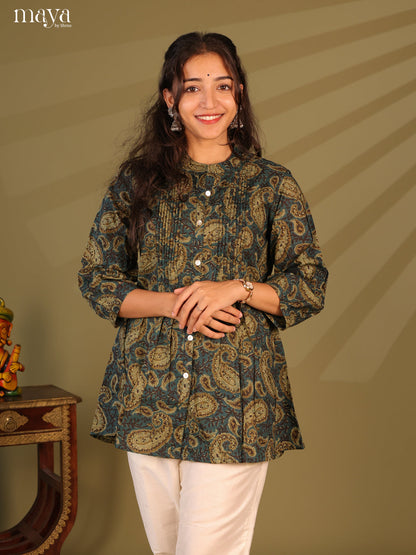 Floral Printed Blue Cotton Short Kurti - Shop on Shrus.com