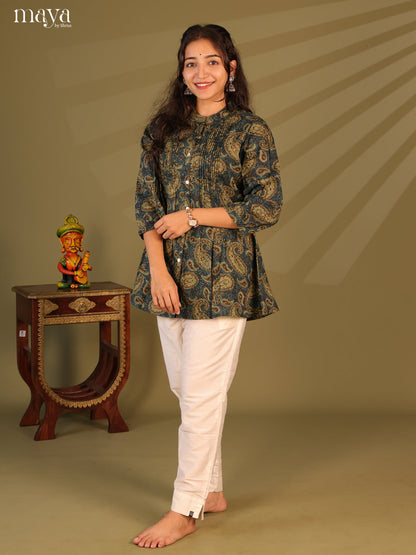 Floral Printed Blue Cotton Short Kurti - Shop on Shrus.com
