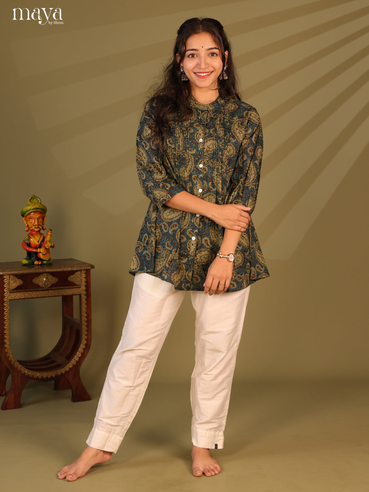 Floral Printed Blue Cotton Short Kurti - Shop on Shrus.com
